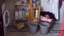 Rainwater Steven uses only gray water for his toilet, e.g. rainwater or used bathwater. He has a rainwater barrel outside his home